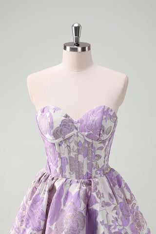 Blue Sweetheart Flower Printed A-Line Corset Short Homecoming Dress With Ruffles