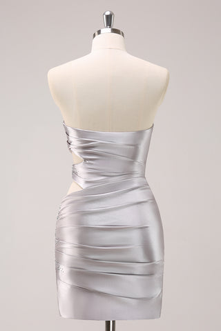 Silver Strapless Bodycon Cut Out Short Homecoming Dress with Beading