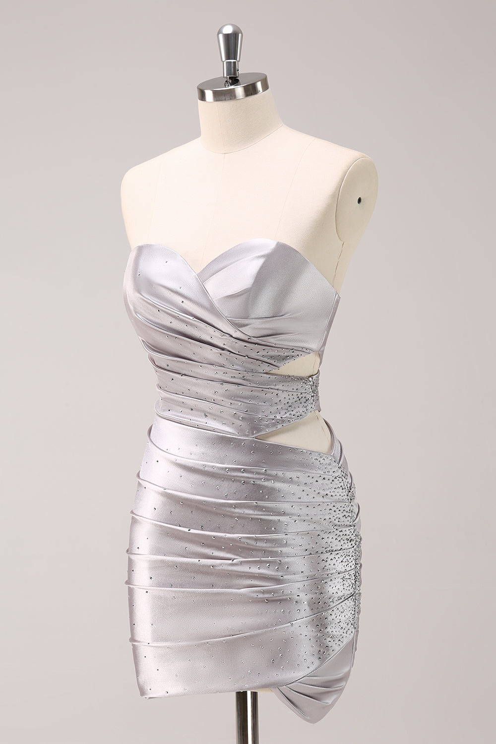 Silver Strapless Bodycon Cut Out Short Homecoming Dress with Beading