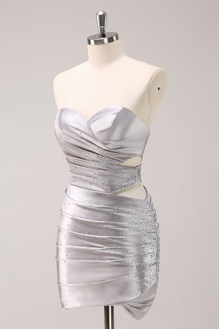 Silver Strapless Bodycon Cut Out Short Homecoming Dress with Beading