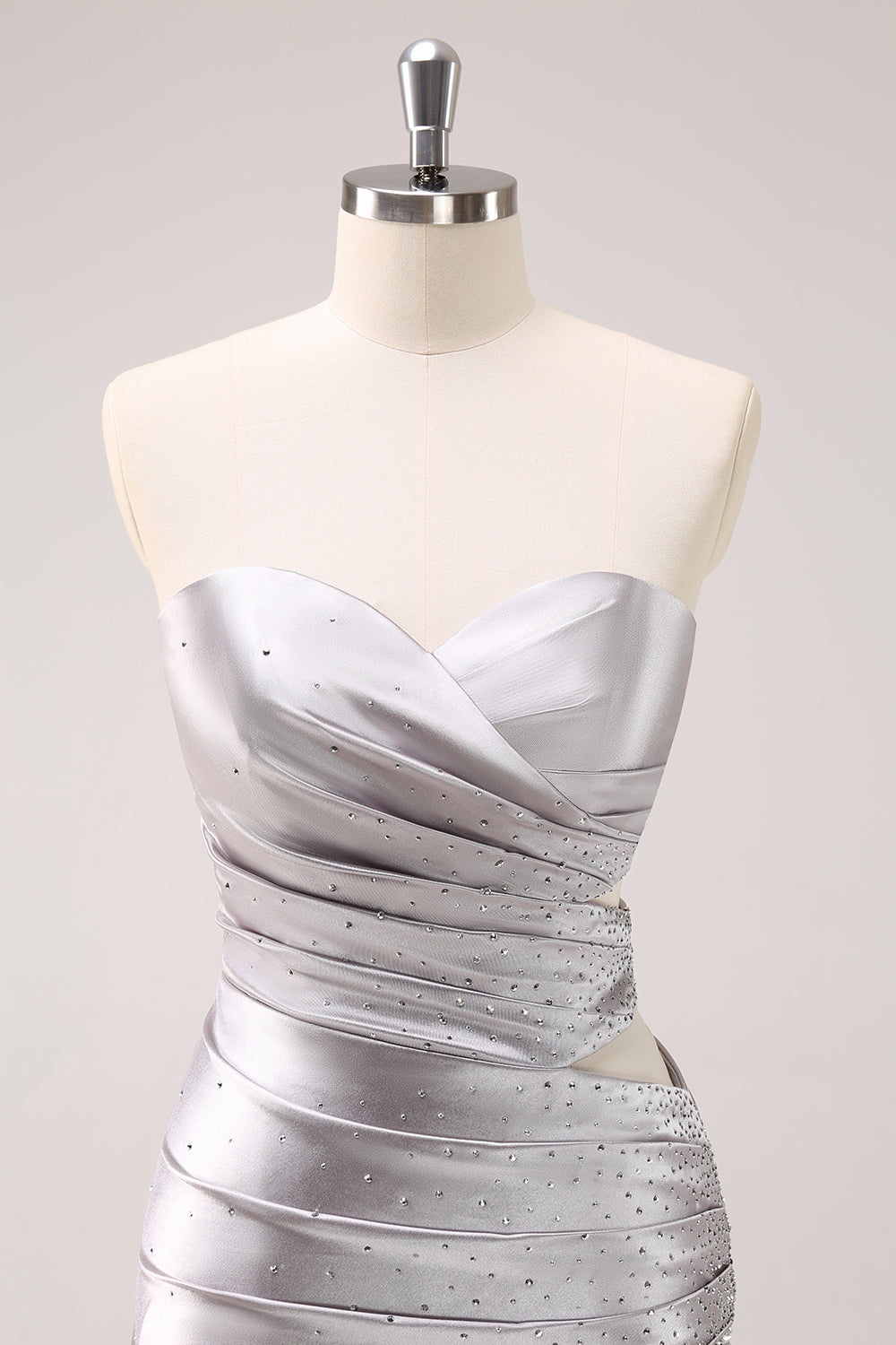 Glitter Silver Strapless Bodycon Satin Cut Out Short Homecoming Dress with Beading