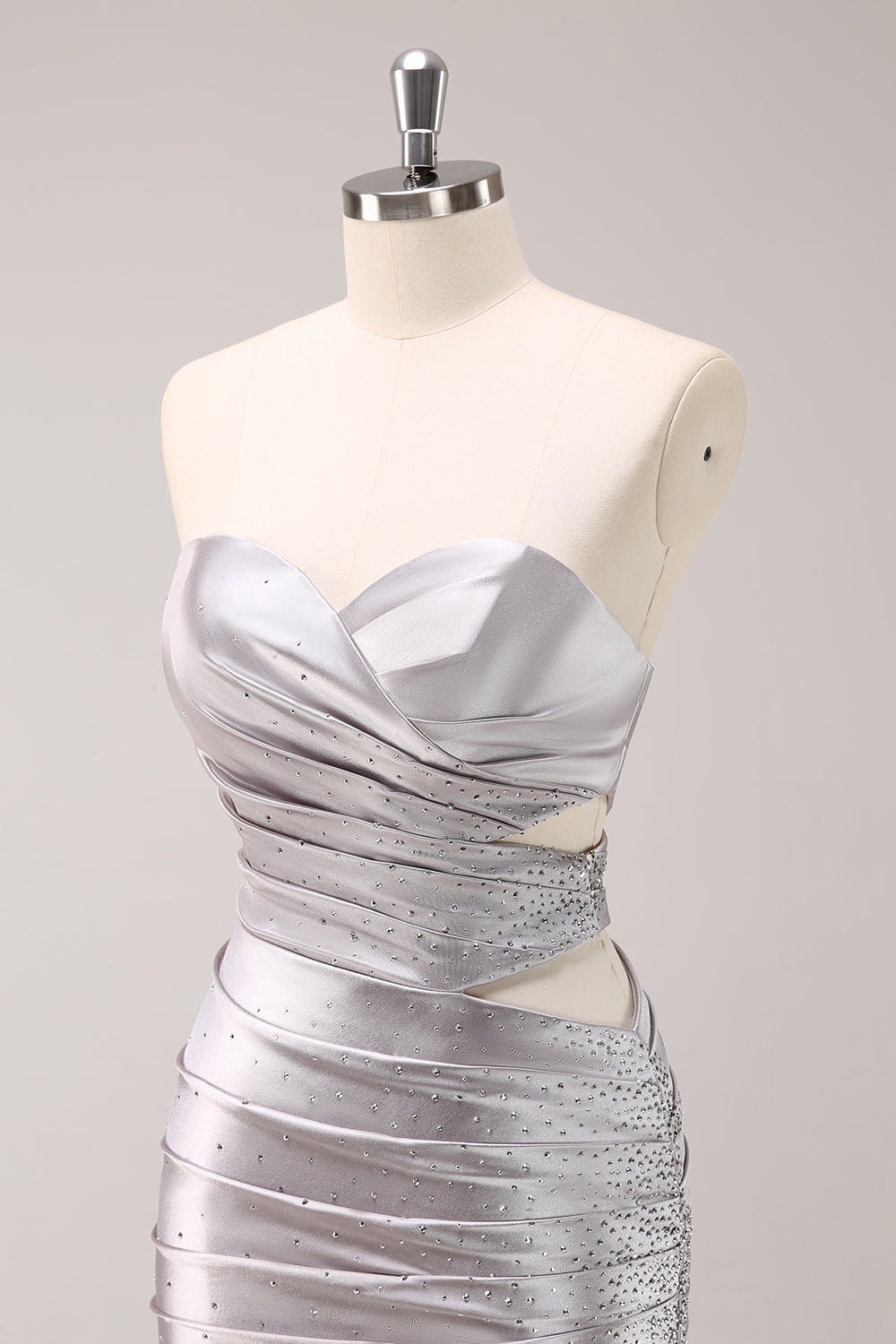 Glitter Silver Strapless Bodycon Satin Cut Out Short Homecoming Dress with Beading