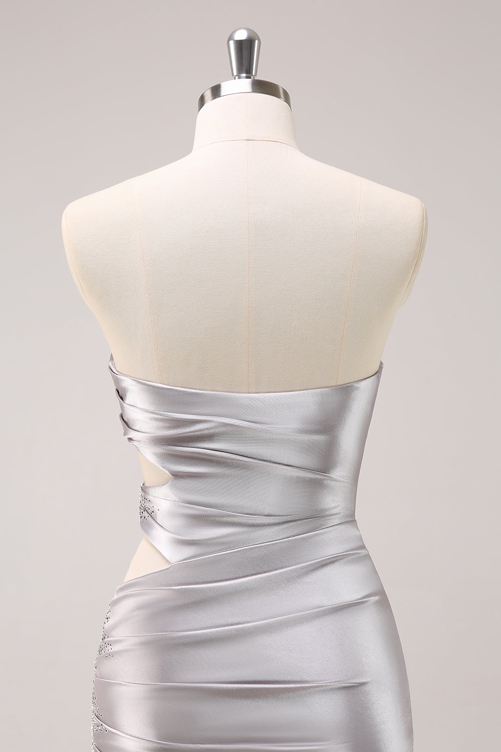 Glitter Silver Strapless Bodycon Satin Cut Out Short Homecoming Dress with Beading