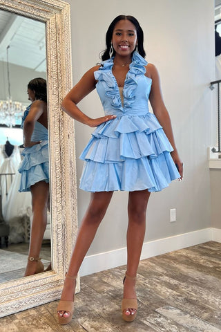 Red Deep V-neck A-Line Satin Short Homecoming Dress with Ruffles