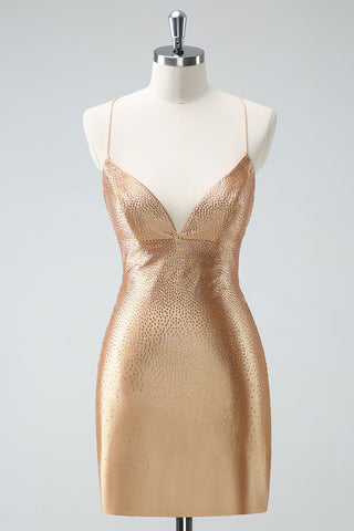 Golden Spaghetti Straps Beaded Bodycon Short Homecoming Dress