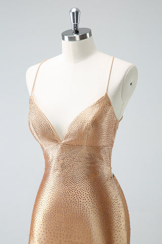 Golden Spaghetti Straps Beaded Bodycon Short Homecoming Dress