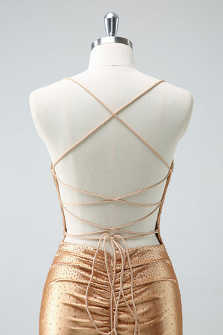 Golden Spaghetti Straps Beaded Bodycon Short Homecoming Dress