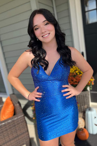 Golden Spaghetti Straps Beaded Bodycon Short Homecoming Dress