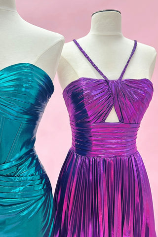 Metallic Silver Spaghetti Straps Pleated A-Line Short Homecoming Dress
