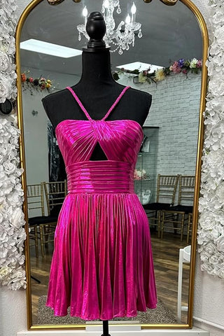 Metallic Silver Spaghetti Straps Pleated A-Line Short Homecoming Dress