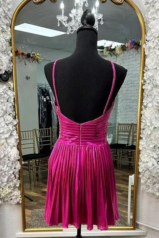 Metallic Silver Spaghetti Straps Pleated A-Line Short Homecoming Dress
