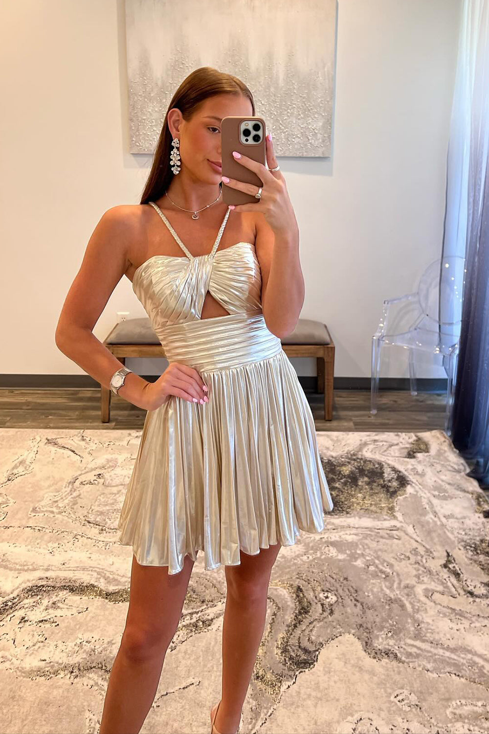 Metallic Golden Spaghetti Straps Pleated A-Line Short Homecoming Dress