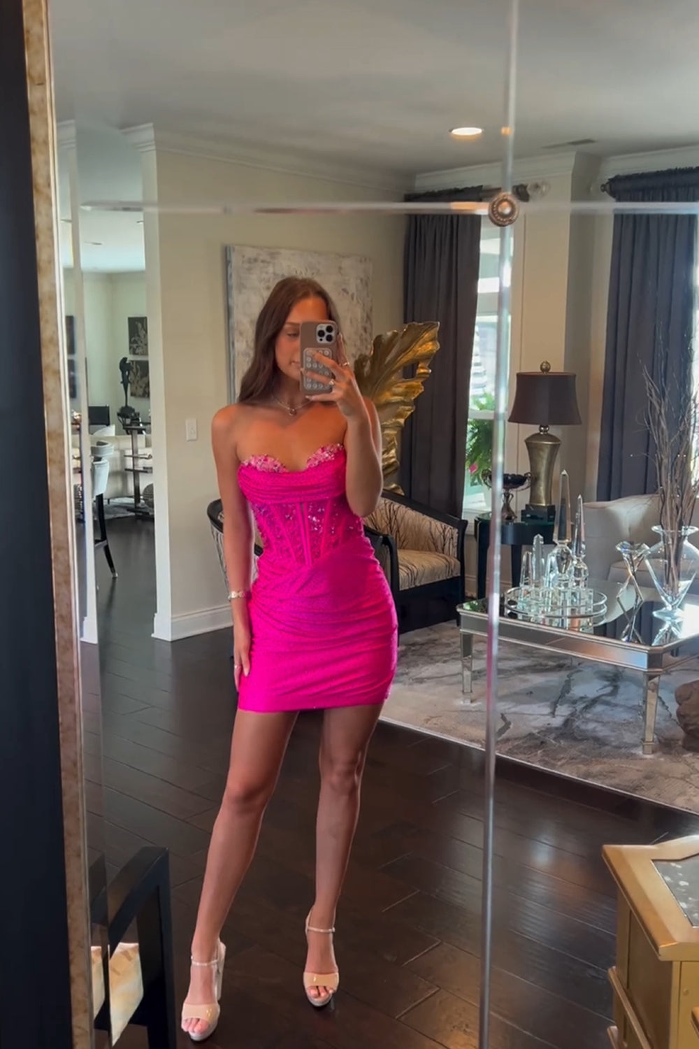 Fuchsia Strapless Ruched Corset Short Homecoming Dress with Beading