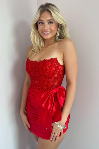Navy Strapless Satin Bodycon Short Corset Homecoming Dress with Appliques