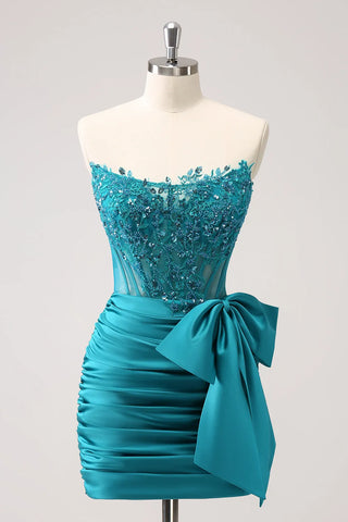 Navy Strapless Satin Bodycon Short Corset Homecoming Dress with Appliques
