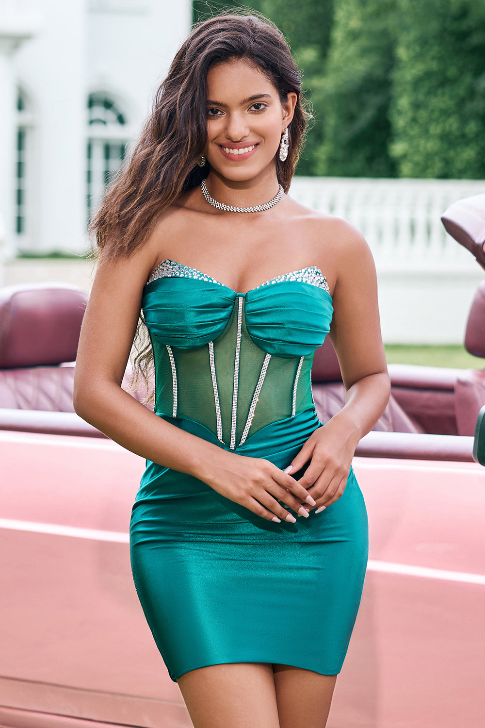 Dark Green Strapless Bodycon Satin Short Corset Homecoming Dress with Beading
