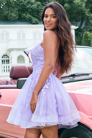 Lilac Spaghetti Straps A-Line Tulle Homecoming Dress with Appliques