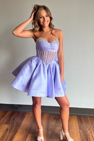 Lilac Strapless A-Line Satin Short Corset Homecoming Dress with Beading