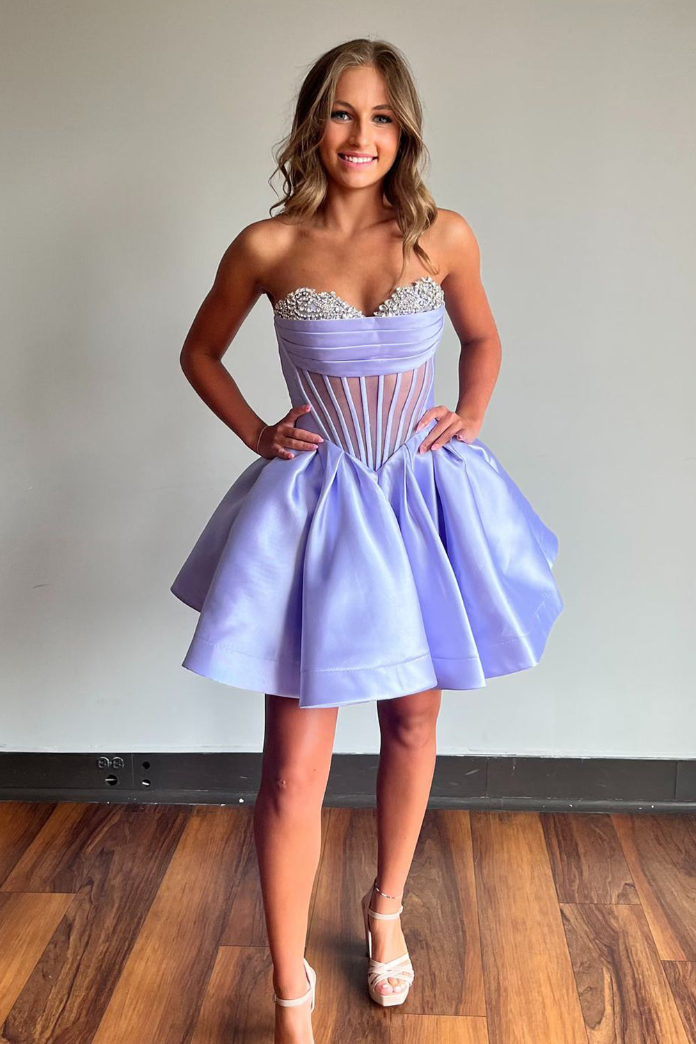 Lilac Strapless A-Line Satin Short Corset Homecoming Dress with Beading