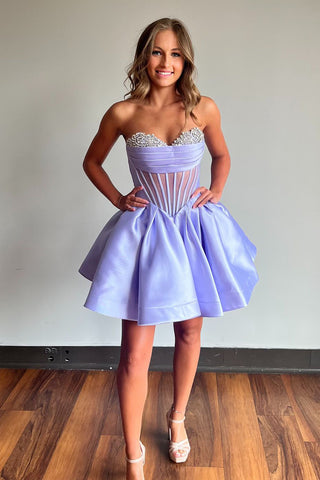 Lilac Strapless A-Line Satin Short Corset Homecoming Dress with Beading