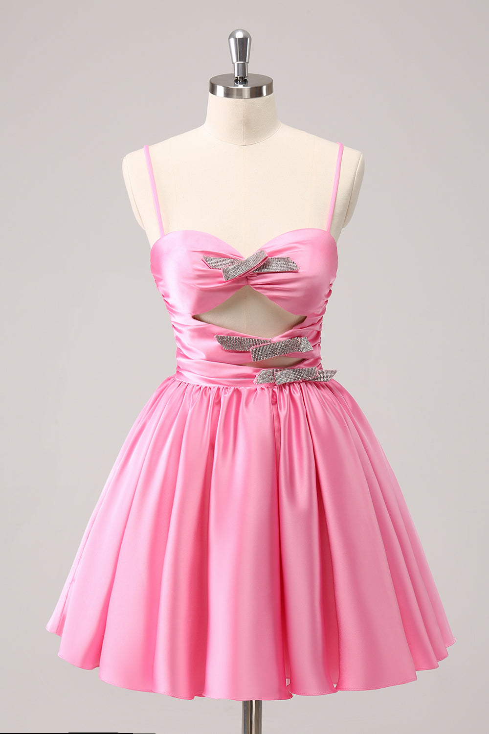 Pink Spaghetti Straps A-Line Satin Cut-out Homecoming Dress with Bow