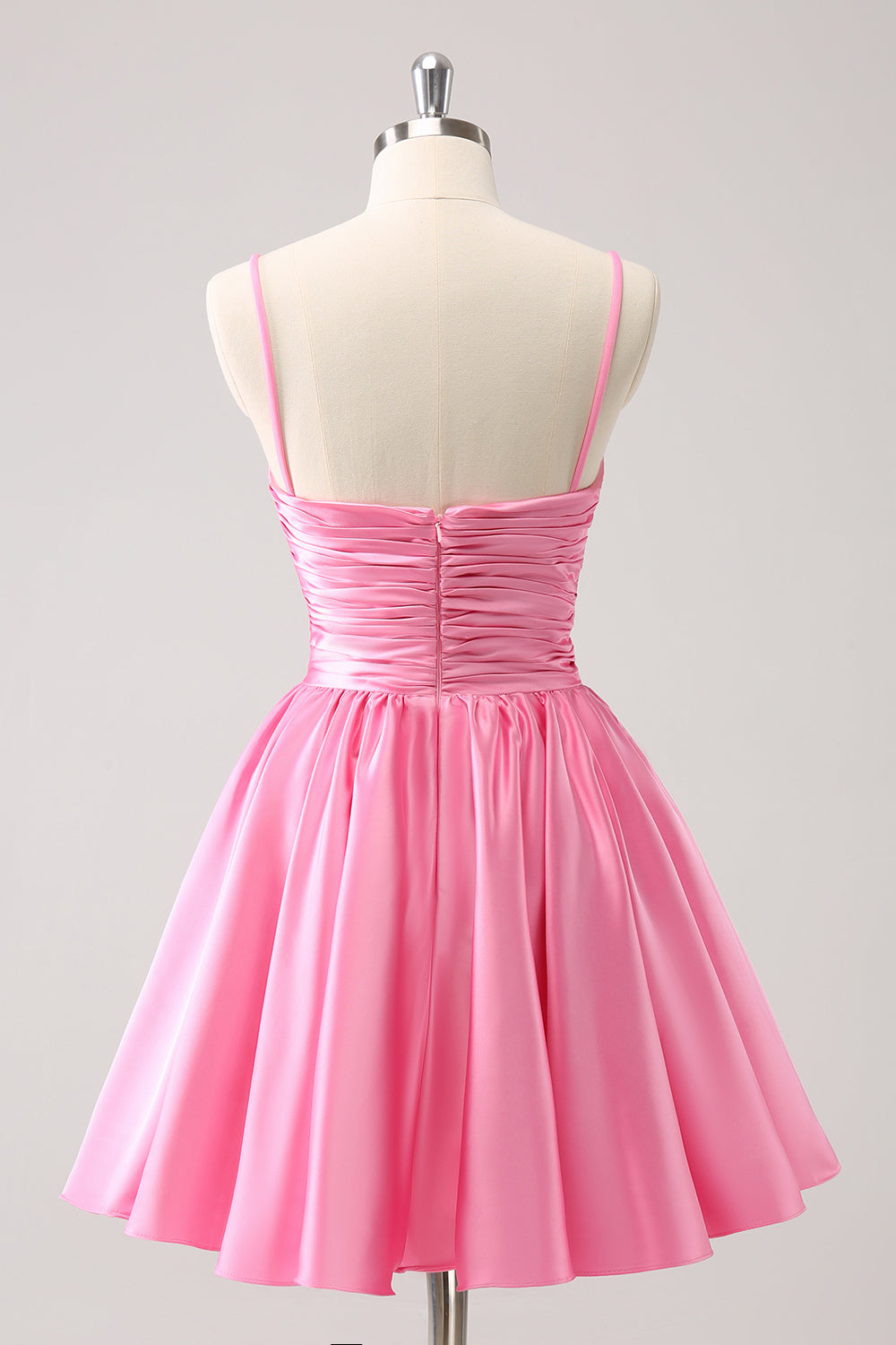Pink Spaghetti Straps A-Line Satin Cut-out Homecoming Dress with Bow