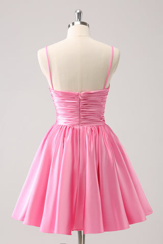 Pink Spaghetti Straps A-Line Satin Cut-out Homecoming Dress with Bow