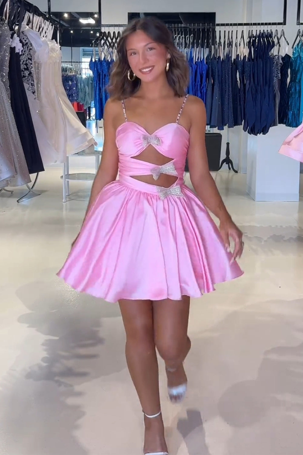 Pink Spaghetti Straps A-Line Satin Cut-out Homecoming Dress with Bow