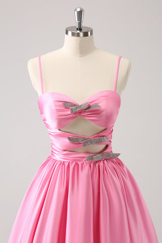 Pink Spaghetti Straps A-Line Satin Cut-out Homecoming Dress with Bow