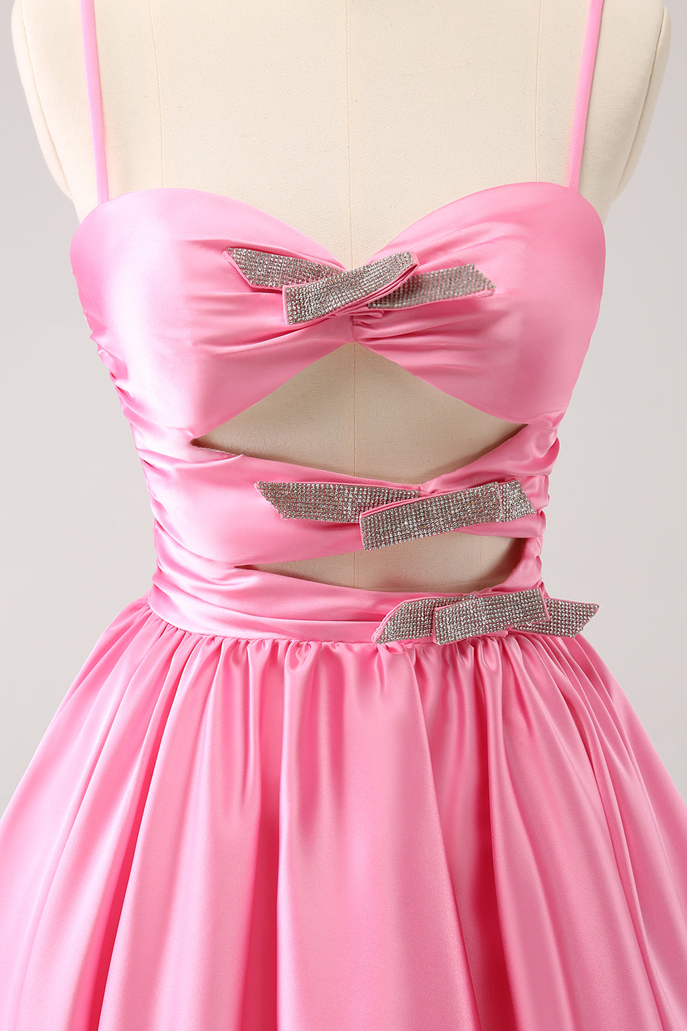 Pink Spaghetti Straps A-Line Satin Cut-out Homecoming Dress with Bow