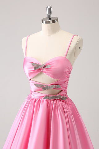 Pink Spaghetti Straps A-Line Satin Cut-out Homecoming Dress with Bow