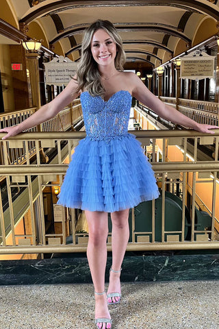Lilac Sweetheart A-Line Tulle Tiered Corset Homecoming Dress with Appliques