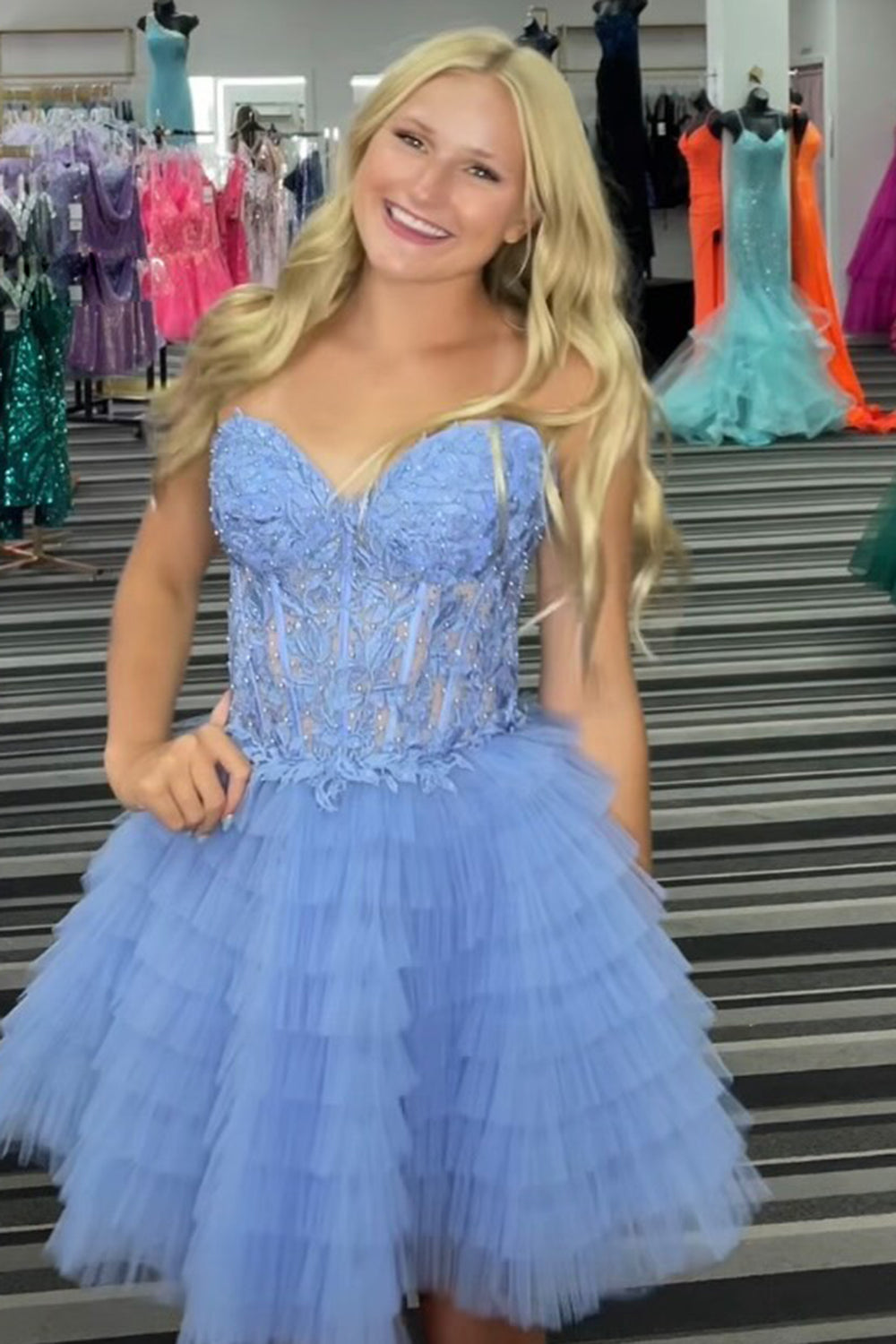 Lilac Sweetheart A-Line Tulle Tiered Corset Homecoming Dress with Appliques