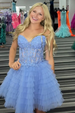Lilac Sweetheart A-Line Tulle Tiered Corset Homecoming Dress with Appliques