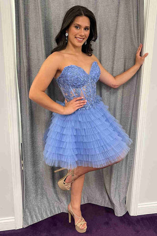 Red Sweetheart A-Line Tulle Tiered Corset Homecoming Dress with Appliques
