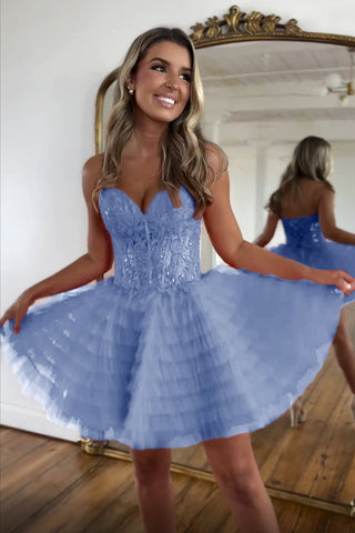 [Copy]Lilac Sweetheart A-Line Tulle Tiered Corset Homecoming Dress with Appliques
