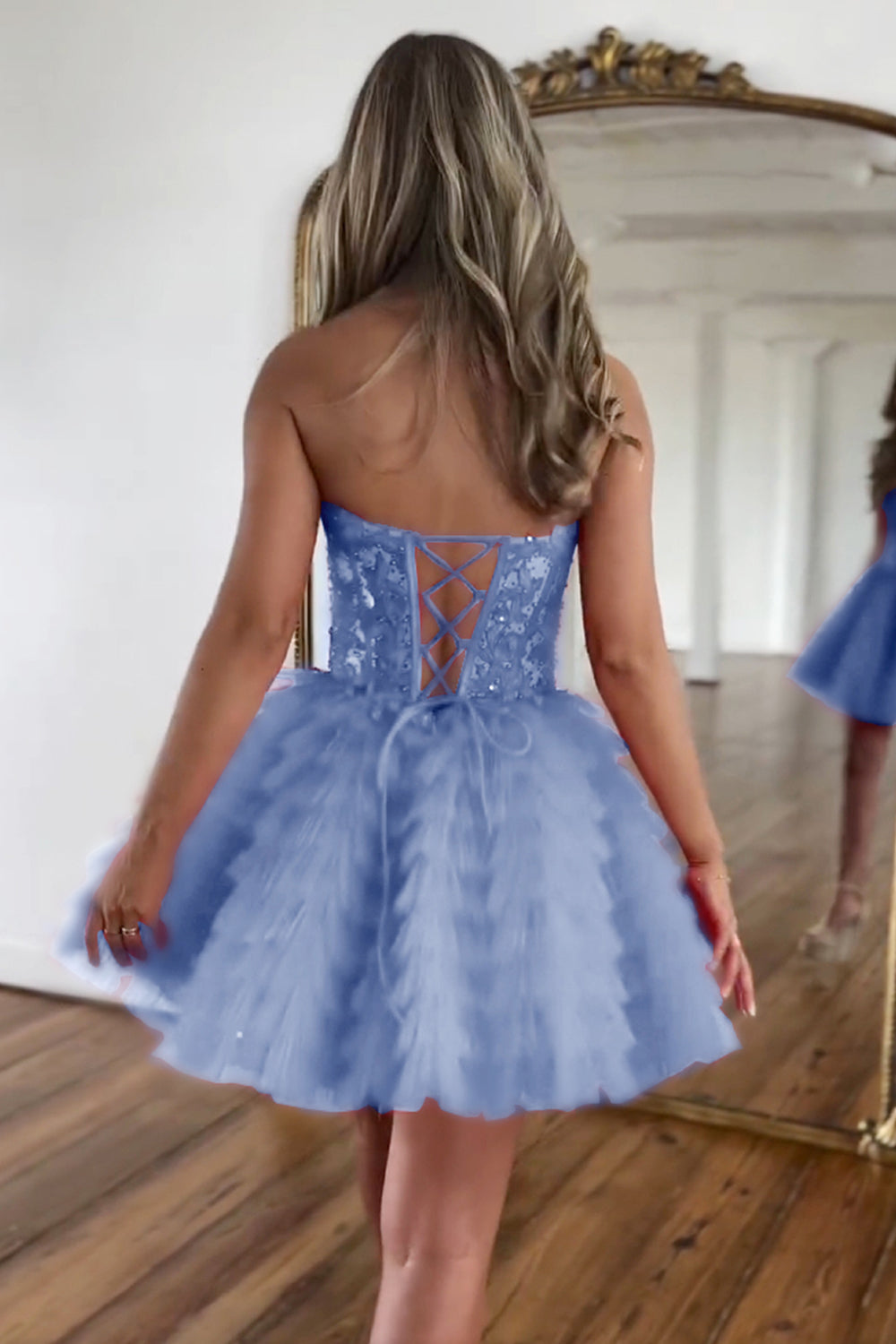 [Copy]Lilac Sweetheart A-Line Tulle Tiered Corset Homecoming Dress with Appliques