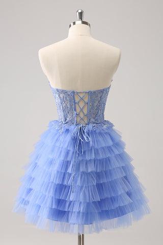 Lilac Strapless A-Line Tulle Tiered Corset Homecoming Dress with Appliques