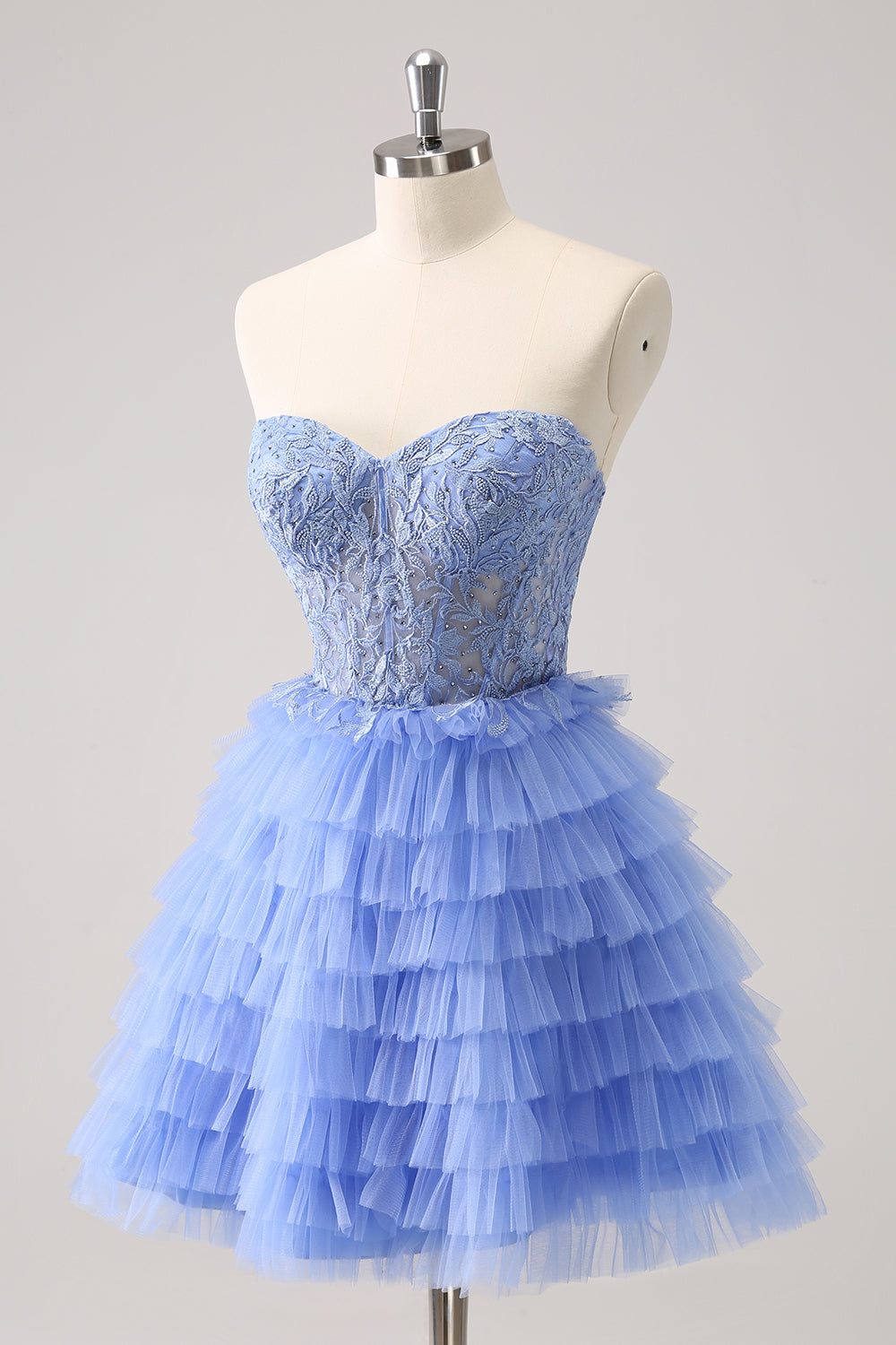 Lilac Strapless A-Line Tulle Tiered Corset Homecoming Dress with Appliques