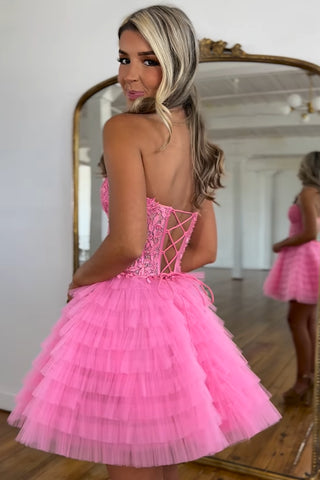 Red Sweetheart A-Line Tulle Tiered Corset Homecoming Dress with Appliques