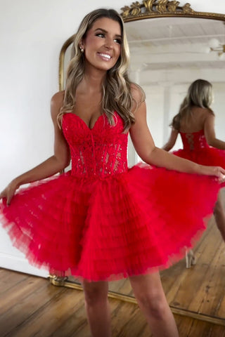 Lilac Sweetheart A-Line Tulle Tiered Corset Homecoming Dress with Appliques