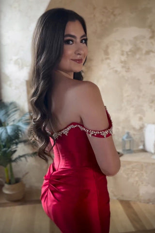 Trendy Red Off the Shoulder Ruched Satin Short Homecoming Dress with Beading