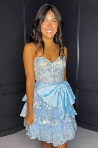 Sparkly Red Sweetheart A-Line Tuelle Sequins Tiered Short Homecoming Dress with Bow