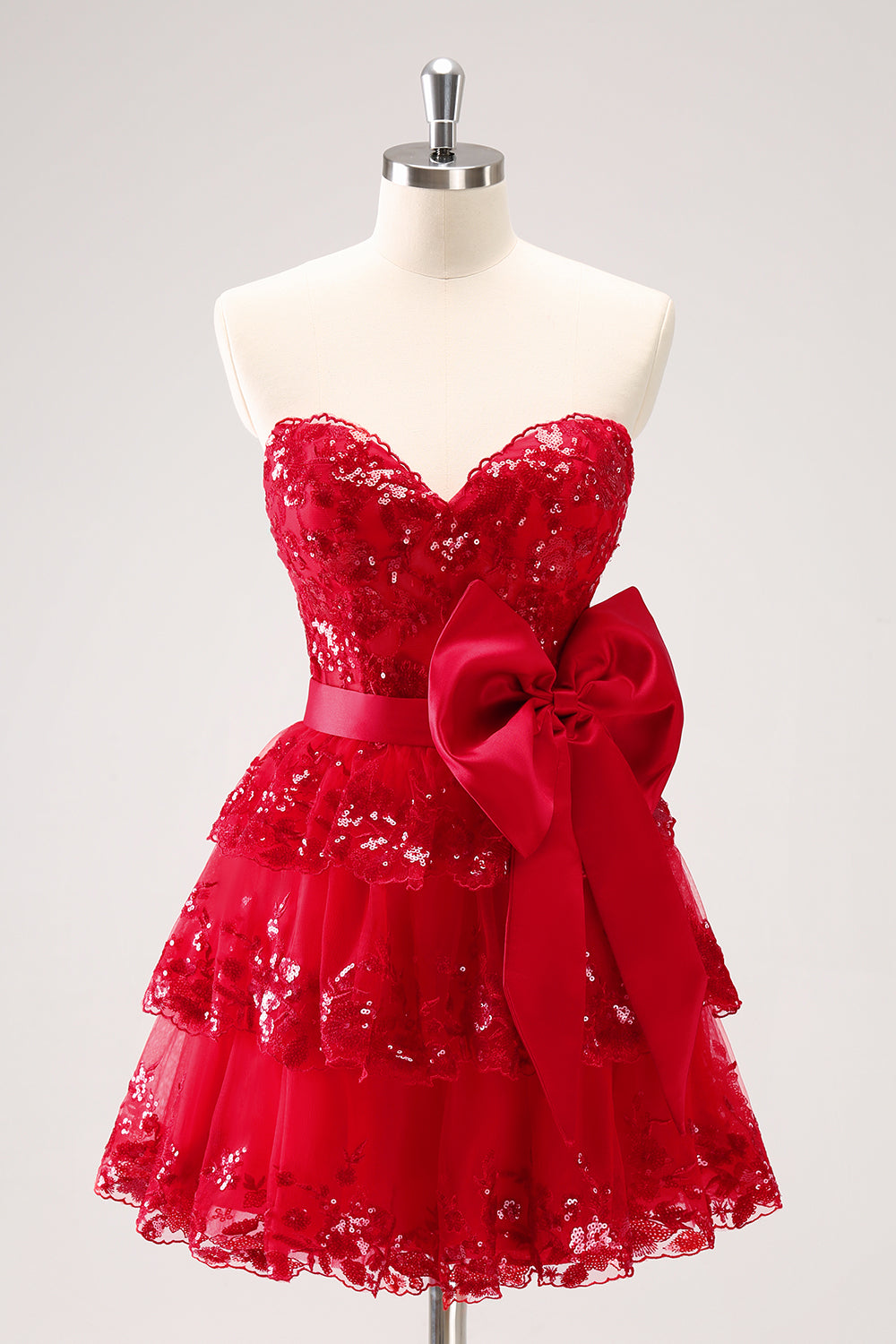 Red Sweetheart A-Line Tuelle Sequins Tiered Short Homecoming Dress with Bow