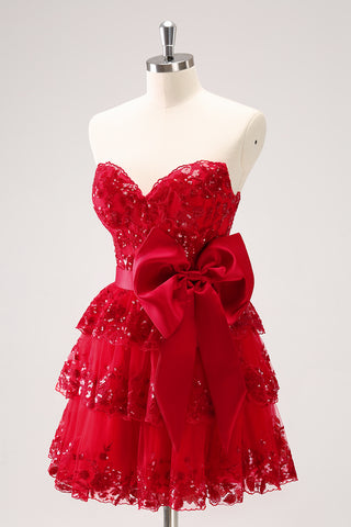 Red Sweetheart A-Line Tuelle Sequins Tiered Short Homecoming Dress with Bow