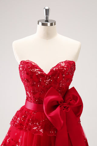 Red Sweetheart A-Line Tuelle Sequins Tiered Short Homecoming Dress with Bow