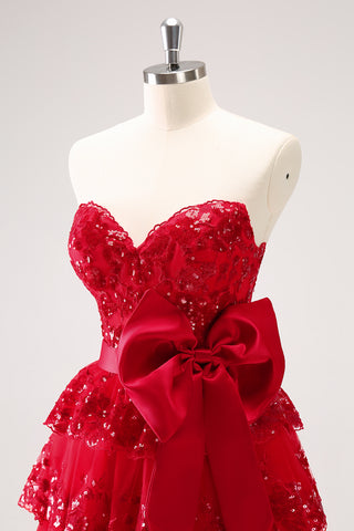 Red Sweetheart A-Line Tuelle Sequins Tiered Short Homecoming Dress with Bow