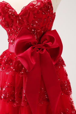Red Sweetheart A-Line Tuelle Sequins Tiered Short Homecoming Dress with Bow