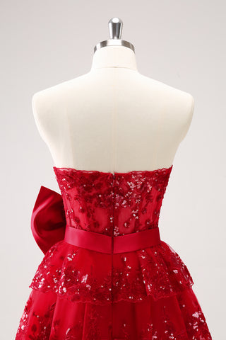 Red Sweetheart A-Line Tuelle Sequins Tiered Short Homecoming Dress with Bow