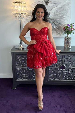 Sparkly Red Sweetheart A-Line Tuelle Sequins Tiered Short Homecoming Dress with Bow